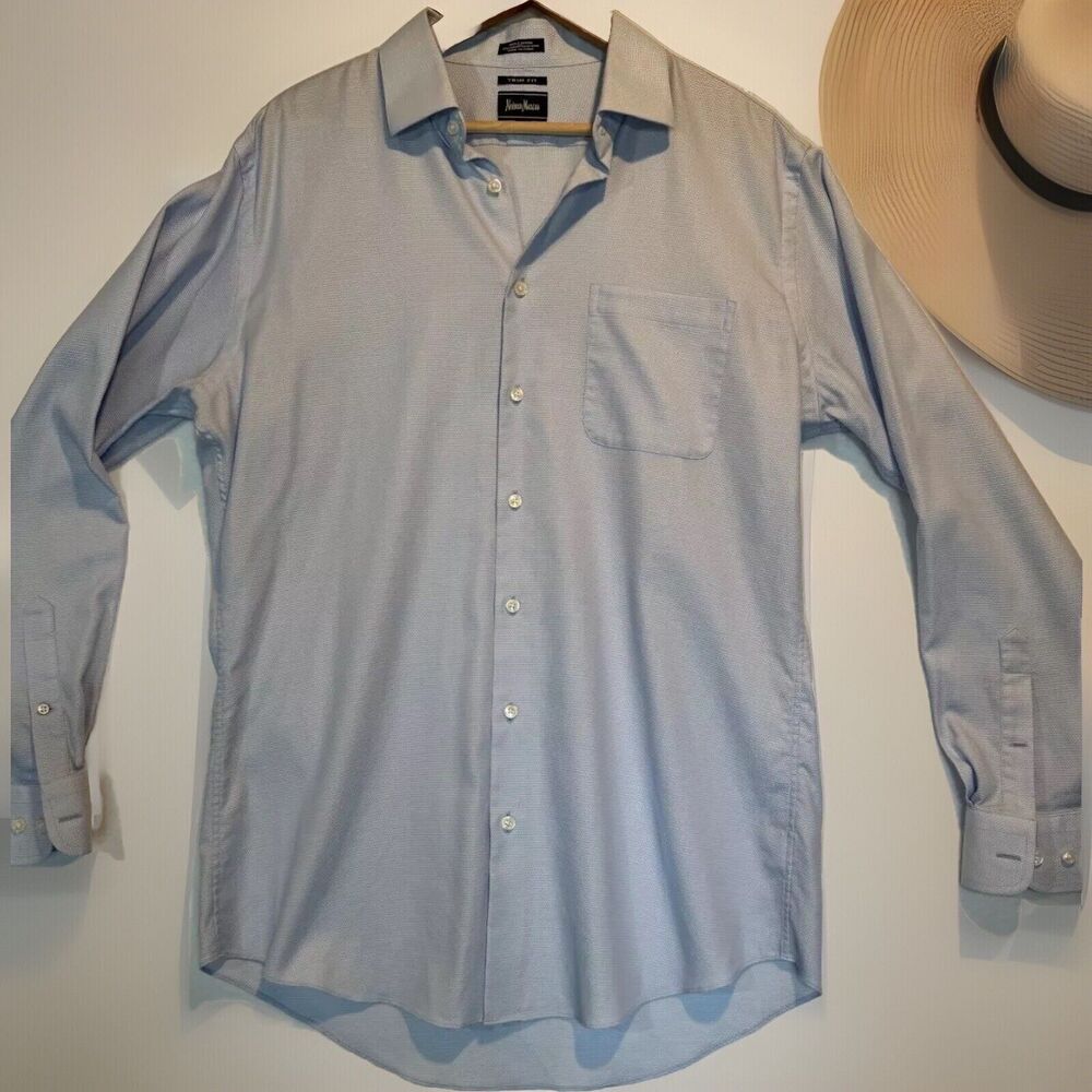 Neiman Marcus Mens Large Blue Trim Fit Cotton Button Up Shirt 16.5 34/35